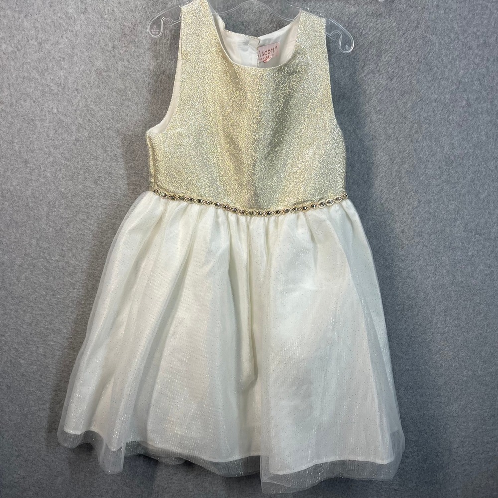 Biscotti Girls 2pc Dress Set White Faux Fur Coat Gold Shimmer Dress‎ Size 8 NEW - Picture 5 of 14